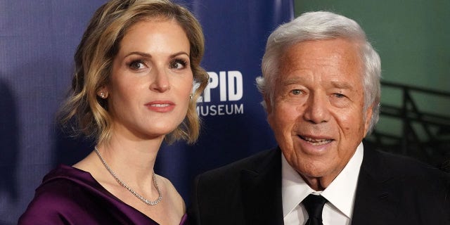 Robert Kraft, Chairman and CEO The Kraft Group, and then-girlfriend Dana Blumberg arrive for the Intrepid, Sea Air &amp;amp; Space Museum's inaugural Intrepid Valor Awards on November 10, 2021 in New York.