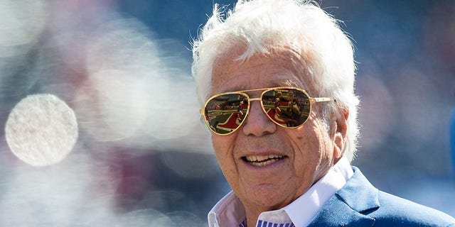 New England Patriots owner Robert Kraft up prior to the NFL game between Detroit Lions and New England Patriots on October 9, 2022, at Gillette Stadium in Foxborough, MA.