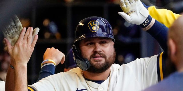 Rowdy Tellez of the Milwaukee Brewers is celebrated after hitting a home run in the eighth inning during a baseball game against the Arizona Diamondbacks in Milwaukee Wednesday, Oct. 5, 2022. 