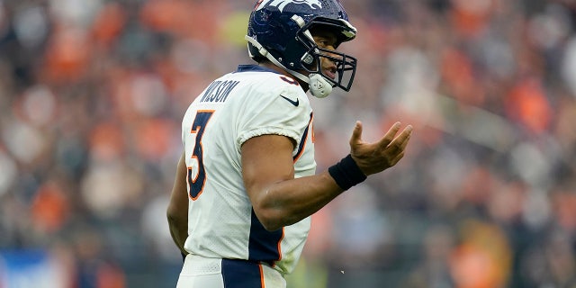 Denver Broncos quarterback Russell Wilson (3) looks to his bench after an incomplete pass against the Las Vegas Raiders during the second half of an NFL football game, Sunday, Oct. 2, 2022, in Las Vegas.