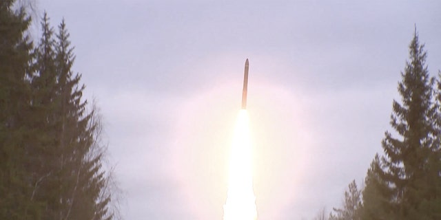 The Russian Yars ICBM launched during exercises held by the country's strategic nuclear forces at the Plesetsk Cosmodrome, Russia, in this image from a video released on October 26, 2022. 