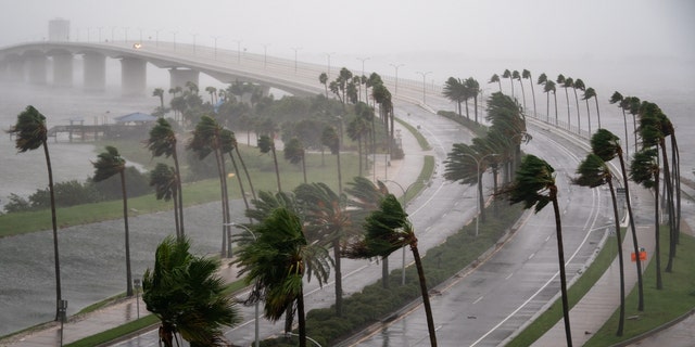 SARASOTA, FL - SEPTEMBER 28: Wind gusts blow across Sarasota Bay as Hurricane Ian churns to the south on September 28, 2022 in Sarasota, Florida. 