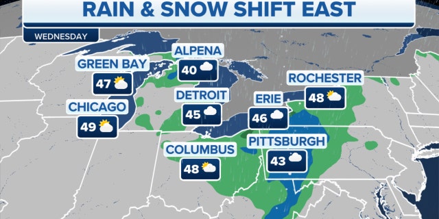 La lluvia y la nieve se desplazan hacia el este el miércoles