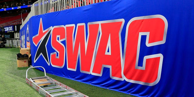 A SWAC logo is posted at the Cricket Celebration Bowl game on Dec. 18, 2021, at the Mercedes-Benz Stadium in Atlanta, Georgia.