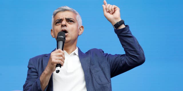 London Mayor Sadiq Khan speaks on stage during Pride in London 2022: The 50th Anniversary at Trafalgar Square on July 2, 2022 in London.