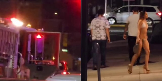 A bikini-clad woman was spotted getting out of a fire truck and walking towards a strip club in San Jose, California.