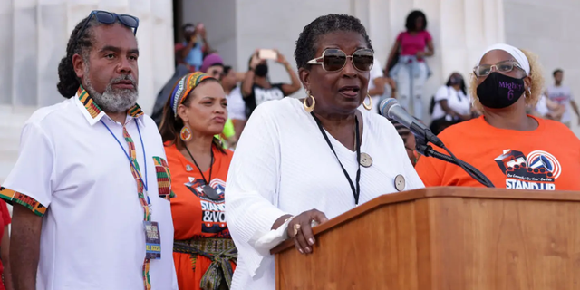 Cora Masters Barry, seen at the podium, praised Farrakhan as a "friend" and "member of the family" while speaking at a private ceremony in memory of her late husband, former Democratic Mayor Marion Barry.