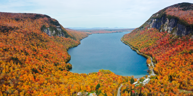 Aerial view of colorful fall foliage in Newark, Vermont, on Oct. 12, 2021.