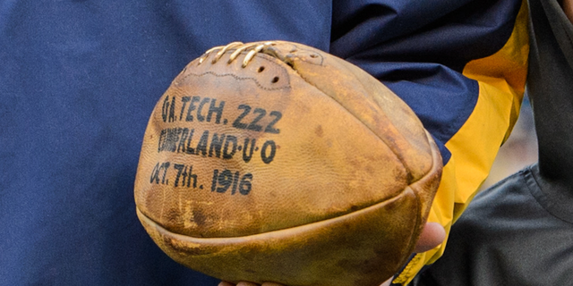 A football from Georgia Tech's 222-0 win over Cumberland College, Oct. 7, 1916. It still stands today as the most lopsided game in college football history. 