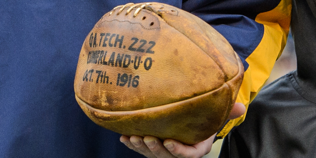 A football from Georgia Tech's 222-0 win over Cumberland College, Oct. 7, 1916. It still stands today as the most lopsided game in college football history. 