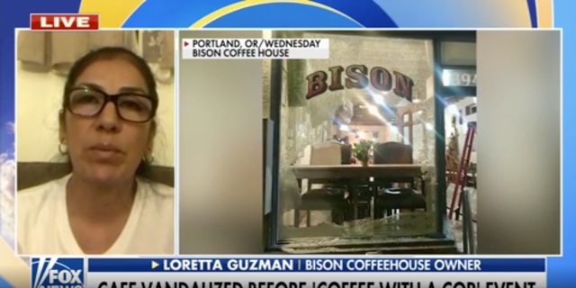 Bison Coffeehouse owner Loretta Guzman on the damages to her coffee shop after advertising an upcoming ‘Coffee with a Cop’ event in Portland, Oregon.