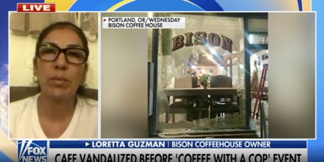 Bison Coffeehouse owner Loretta Guzman on the damages to her coffee shop after advertising an upcoming ‘Coffee with a Cop’ event in Portland, Oregon.