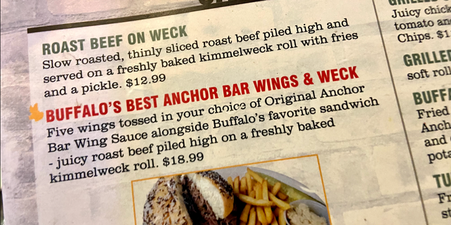 Anchor Bar in Buffalo is famous as the creator of Buffalo wings.  But like most other taverns in the area, it also serves Buffalo's lesser-known but absolutely delicious local specialty - beef on weck.
