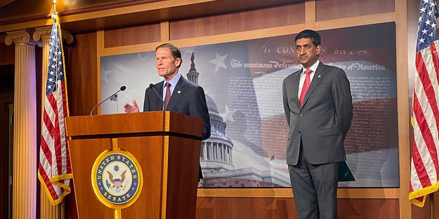 Democrats Sen. Richard Blumenthal and Rep. Ro Khanna hold a news conference pushing for a  pause on arms sales to Saudia Arabia. (Tyler Olson/Fox News Digital)