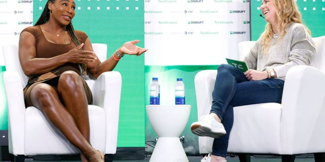 Serena Williams and TechCrunch deputy editor Jordan Crook speak during TechCrunch Disrupt on Oct. 19, 2022, in San Francisco.