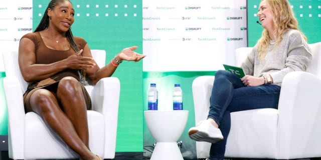 Serena Williams and TechCrunch deputy editor Jordan Crook speak during TechCrunch Disrupt on Oct. 19, 2022, in San Francisco.