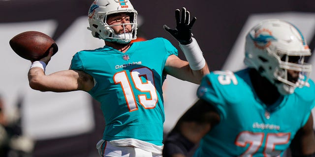 Miami Dolphins quarterback Skylar Thompson passes against the New York Jets in East Rutherford, New Jersey, on Oct. 9, 2022.