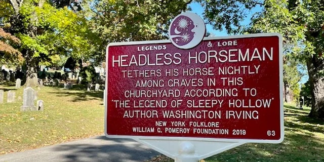 Sleepy Hollow graveyard, immortalized by Washington Irving as the burial site of the headless Hessian who haunted the region on horseback.