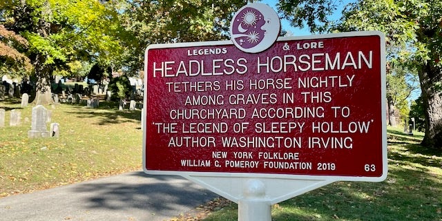 Sleepy Hollow graveyard, immortalized by Washington Irving as the burial site of the headless Hessian who haunted the region on horseback.