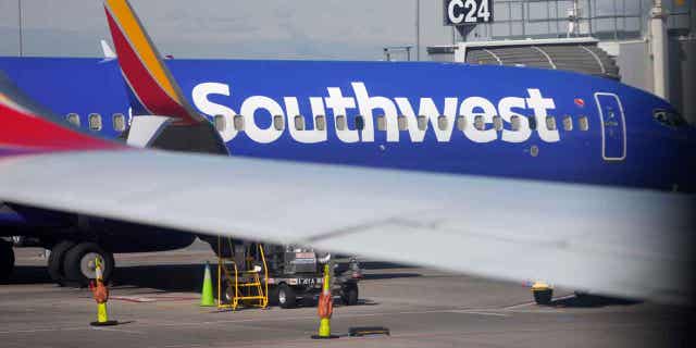 A Southwest Airlines jetliner sits at a gate on the C concourse of Denver International Airport on Wednesday, Oct. 6, 2021, in Denver. A Southwest Airlines pilot is suing the company, her union and a former colleague who pleaded guilty last year to stripping naked in front of her during a flight, Wednesday, Oct. 5, 2022. 