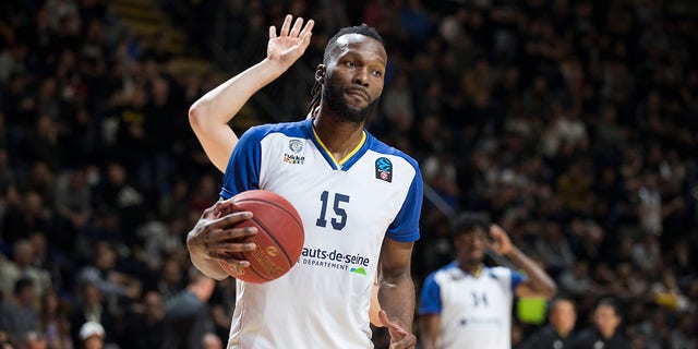 Steeve Ho You Fat, of Boulogne Metropolitans 92, warms up during the EuroCup Basketball match between Partizan Nis Belgrade and Boulogne Metropolitans 92 at Aleksandar Nikolic Hall on March 16, 2022 in Belgrade, Serbia.