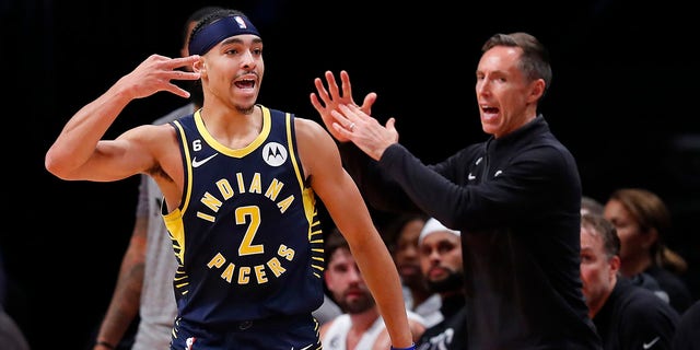 Brooklyn Nets head coach Steve Nash calls a timeout after a 3-point basket by Indiana Pacers guard Andrew Nembhard, Saturday, Oct. 29, 2022, in New York.