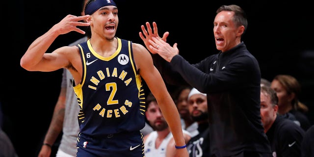 Brooklyn Nets head coach Steve Nash calls a timeout after a 3-point basket by Indiana Pacers guard Andrew Nembhard, Saturday, Oct. 29, 2022, in New York.