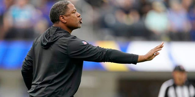 Carolina Panthers interim head coach Steve Wilks signals from the sideline during the first half against the Los Angeles Rams on Oct. 16, 2022, in Inglewood, California.