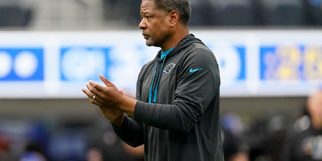Carolina Panthers head coach Steve Wilks walks on the field before a game on October 16, 2022 in Inglewood, California. 