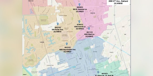 Stockton police released this map of six murders all linked to the same suspected serial killer.