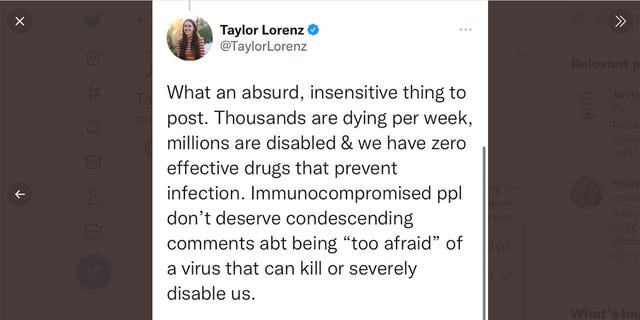 Washington Post's Taylor Lorenz tweet reading, "What an absurd, insensitive thing to post." 