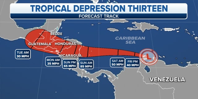 The forecast track for Tropical Depression 13