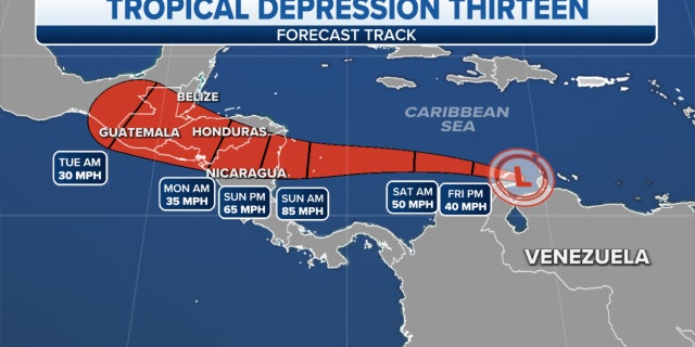 The forecast track for Tropical Depression 13