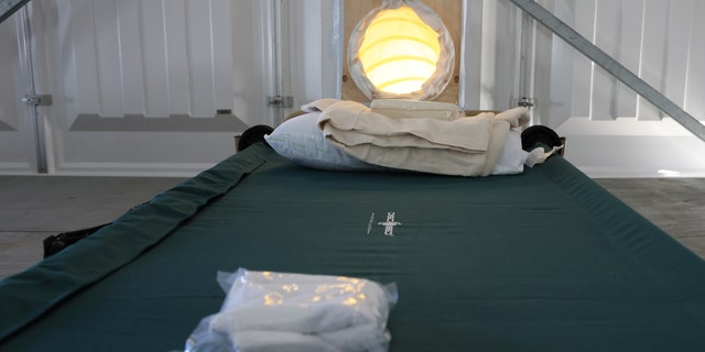 A bed is seen in the dormitory during a tour of the Randall's Island Humanitarian Emergency Response and Relief Center on Oct. 18, 2022 in New York City. 