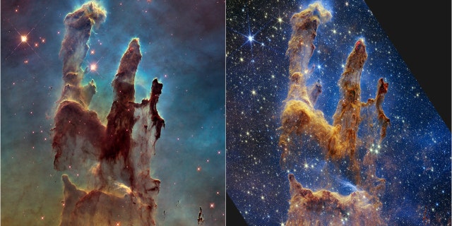 NASA's Hubble Space Telescope made the Pillars of Creation famous with its first image in 1995, but revisited the scene in 2014 to reveal a sharper, wider view in visible light, shown above at left. A new, near-infrared-light view from NASA’s James Webb Space Telescope, at right, helps us peer through more of the dust in this star-forming region. The thick, dusty brown pillars are no longer as opaque and many more red stars that are still forming come into view.