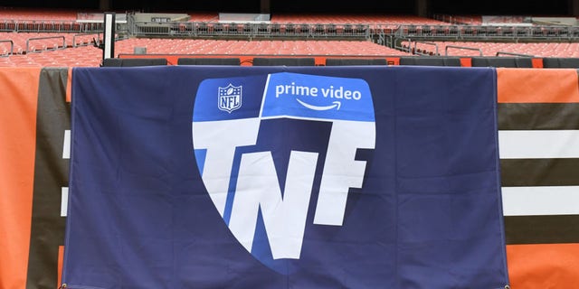 A Thursday Night Football banner with Amazon Prime signage prior to a game between the Cleveland Browns and the Pittsburgh Steelers at FirstEnergy Stadium Sept. 22, 2022, in Cleveland.