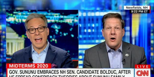 CNN anchor Jake Tapper berates New Hampshire Gov. Chris Sununu for his support of GOP Senate candidate Don Bolduc on the Oct. 19 broadcast of "CNN Tonight with Jake Tapper."