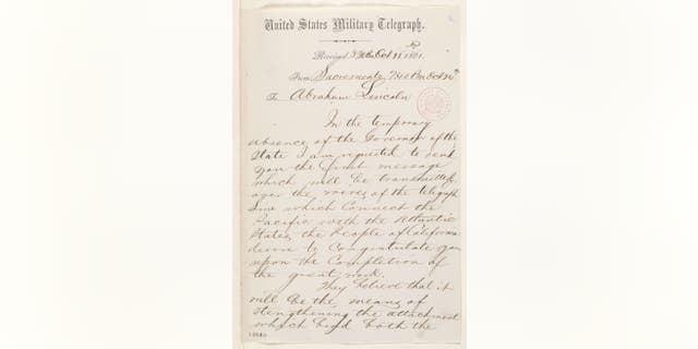 "The people of California desire to congratulate you upon completion of the great work," California chief justice, Stephen J. Field, wrote in the absence of the governor to President Abraham Lincoln in Washington, D.C., in the first transcontinental telegraph message on Oct. 24, 1861. 