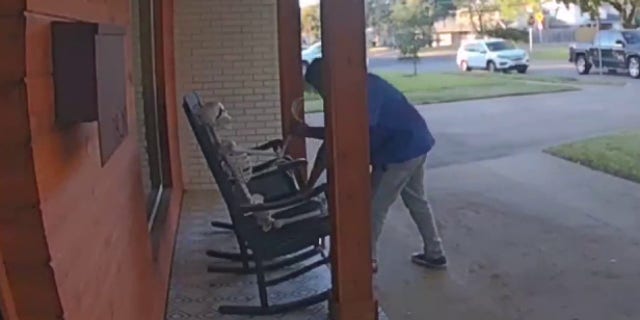 A middle-aged man was caught on camera stealing both a skeleton decoration and a rocking chair.