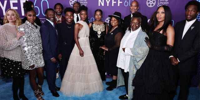 Haley Bennett, Jayme Lawson, Sean Patrick Thomas, Jalyn Hall, Danielle Deadwyler, Keith Beauchamp, Whoopi Goldberg, Chinonye Chukwu, and Tosin Cole pose with guests at the premiere of "Till" during the 60th New York Film Festival at Alice Tully Hall, Lincoln Center on October 01, 2022 in New York City. 