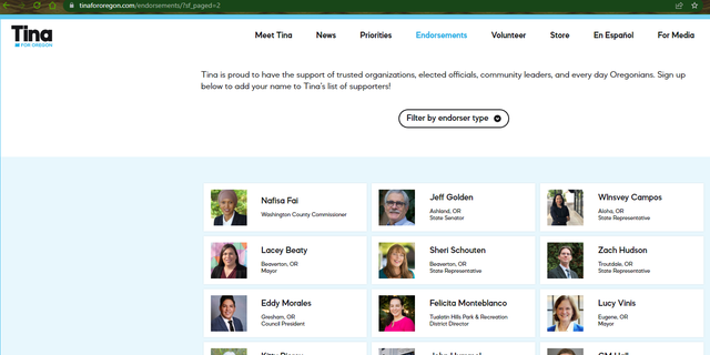 Oregon Democrat state Senator Jeff Golden's endorsement moved to the second page of Kotek's website's endorsement page.