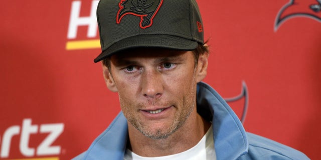 Tampa Bay Buccaneers quarterback Tom Brady meets with reporters after an NFL football game against the Pittsburgh Steelers in Pittsburgh, Sunday, Oct. 16, 2022. 
