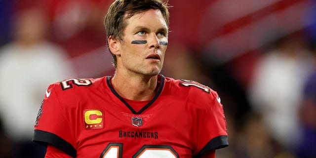 Tom Brady of the Tampa Bay Buccaneers looks on during pregame warm-ups prior to a game against the Baltimore Ravens at Raymond James Stadium on Oct. 27, 2022, in Tampa, Florida.