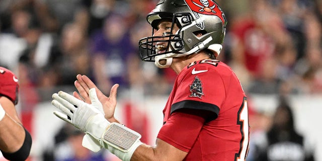Tampa Bay Buccaneers quarterback Tom Brady reacts during the second half of an NFL football game against the Baltimore Ravens Thursday, Oct. 27, 2022, in Tampa, Fla.