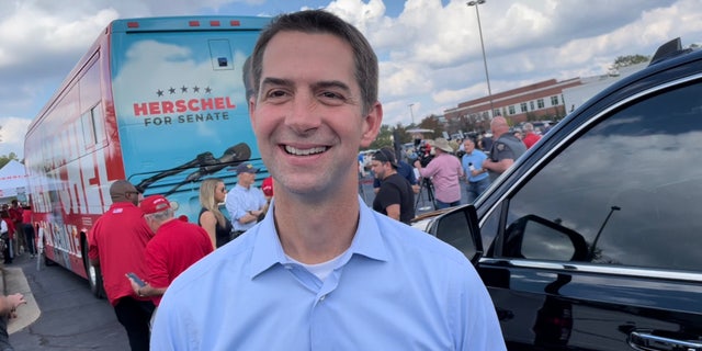 Republican Sen. Tom Cotton of Arkansas speaks with Fox News Digital in Carrollton, Georgia, after teaming up with GOP Senate nominee Herschel Walker at a campaign event, on Oct. 11, 2022.