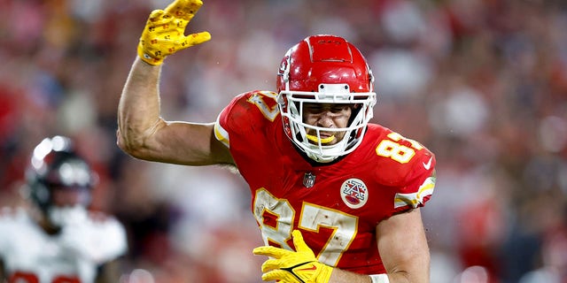 Travis Kelce of the Kansas City Chiefs reacts during the fourth quarter against the Tampa Bay Buccaneers at Raymond James Stadium on Oct. 2, 2022, in Tampa, Florida.