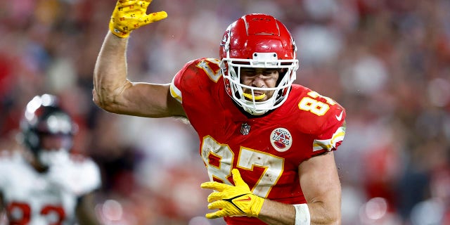 Kansas City Chiefs' Travis Kelce reacts to the Buccaneers on Oct. 2, 2022 in Tampa, Florida.