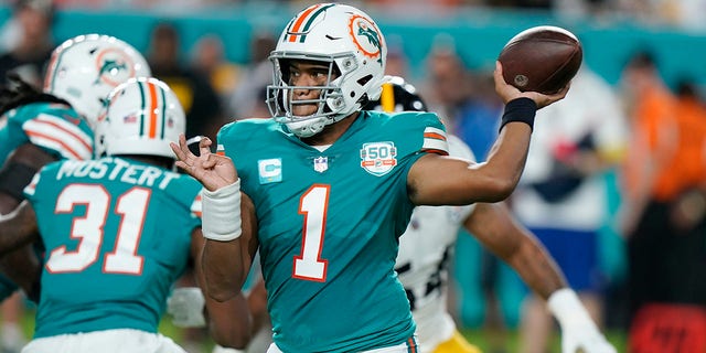 Miami Dolphins quarterback Tua Tagovailoa (1) aims a pass during the first half of a game against the Pittsburgh Steelers Oct. 23, 2022, in Miami Gardens, Fla. 