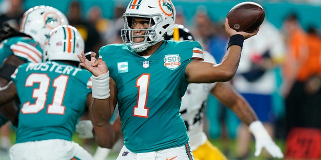 Miami Dolphins quarterback Tua Tagovailoa (1) aims a pass during the first half of a game against the Pittsburgh Steelers Oct. 23, 2022, in Miami Gardens, Fla.