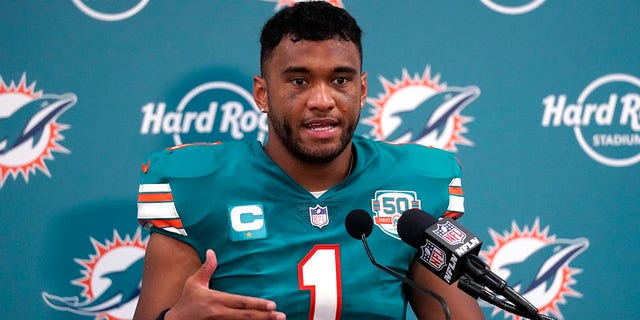 Miami Dolphins quarterback Tua Tagovailoa speaks during a postgame press conference after a game against the Pittsburgh Steelers on October 23, 2022 in Miami Gardens, Florida.